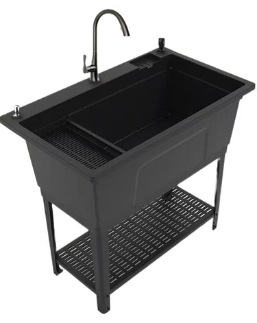 X - Large Freestanding Utility Laundry Sink with Faucet – Heavy Duty Plastic Wash Tub for Garage, Basement & Outdoor Use ULS101BK - with | Sold by Uncle Wiener's Wholesale