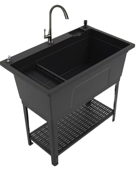 X - Large Freestanding Utility Laundry Sink with Faucet – Heavy Duty Plastic Wash Tub for Garage, Basement & Outdoor Use ULS101BK - with | Sold by Uncle Wiener's Wholesale
