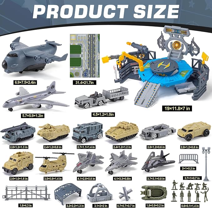 XDUOYJOY Military Base Playset with 11 Army Vehicles, Action Figures & Play Mat – Military Toy Building Set Ages 3+ - Toys with Military Airplane & Army Base Playset – 14 Vehicles/ Option value Aircraft/Tanks/Helicopter/Soldiers & Play Mat | Sold by Uncle Wiener's Wholesale