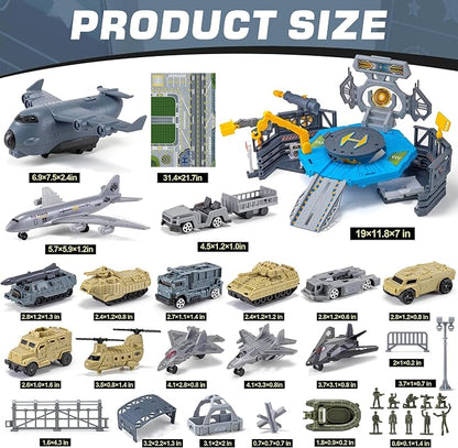 XDUOYJOY Military Base Playset with 11 Army Vehicles, Action Figures & Play Mat – Military Toy Building Set Ages 3+ - Toys with Military Airplane & Army Base Playset – 14 Vehicles/ Option value Aircraft/Tanks/Helicopter/Soldiers & Play Mat | Sold by Uncle Wiener's Wholesale