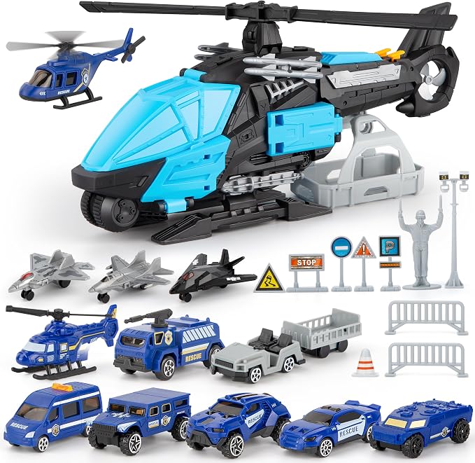 XDUOYJOY Military Base Playset with 11 Army Vehicles, Action Figures & Play Mat – Military Toy Building Set Ages 3+ - Toys with Police Helicopter Toy Playset – 12 Vehicle & Fighter Jet Rescue Set with Transforming Helicopter / Roadblocks & Accessories | Sold by Uncle Wiener's Wholesale