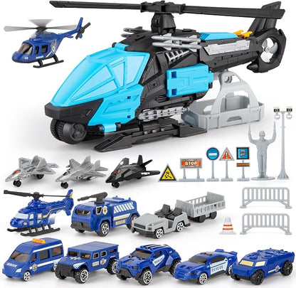XDUOYJOY Military Base Playset with 11 Army Vehicles, Action Figures & Play Mat – Military Toy Building Set Ages 3+ - Toys with Police Helicopter Toy Playset – 12 Vehicle & Fighter Jet Rescue Set with Transforming Helicopter / Roadblocks & Accessories | Sold by Uncle Wiener's Wholesale