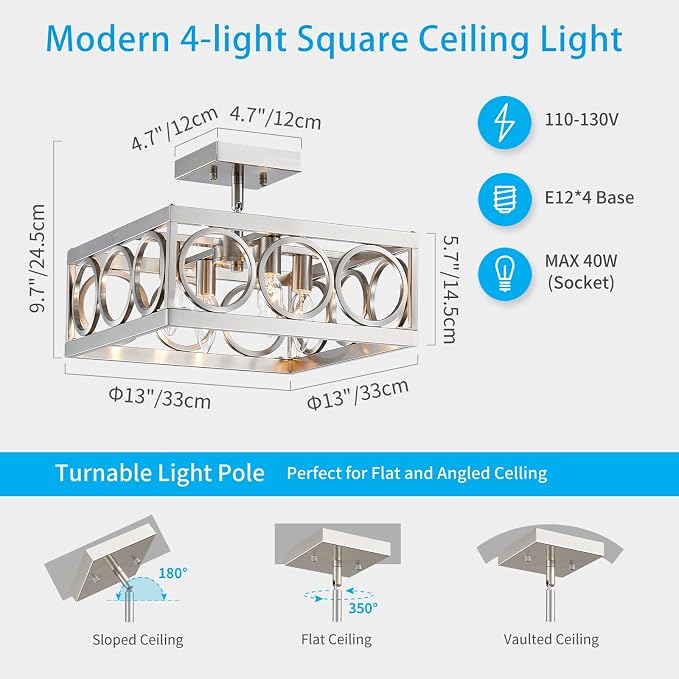 XINGQI 4-Light Semi Flush Mount Ceiling Light – Modern Brushed Nickel Square Chandelier with Metal Frame, E12 Base, 13-Inch - Home decor with | Sold by Uncle Wiener's Wholesale