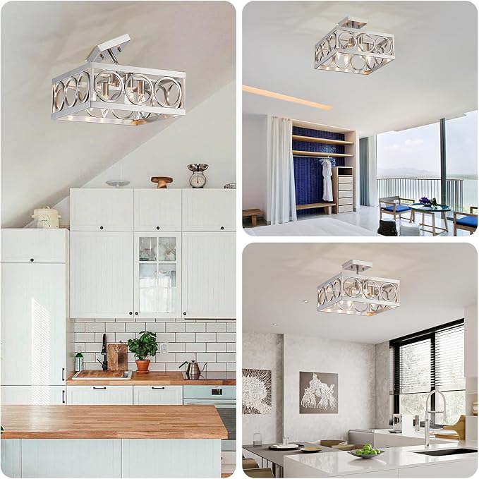 XINGQI 4-Light Semi Flush Mount Ceiling Light – Modern Brushed Nickel Square Chandelier with Metal Frame, E12 Base, 13-Inch - Home decor with | Sold by Uncle Wiener's Wholesale