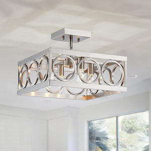 XINGQI 4-Light Semi Flush Mount Ceiling Light – Modern Brushed Nickel Square Chandelier with Metal Frame, E12 Base, 13-Inch