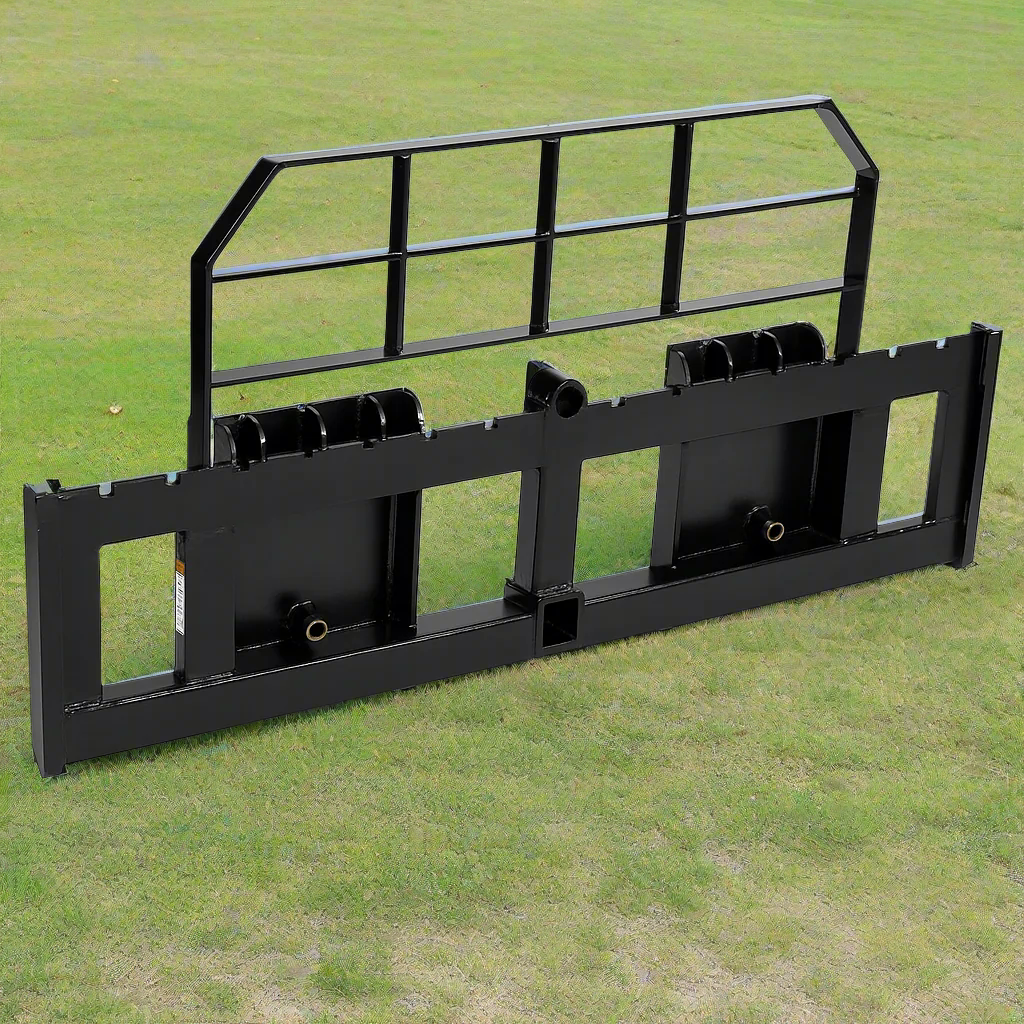 XL pallet fork frame with 2-inch receiver for skid steer – 5000 lb rated
Heavy-duty 72-inch skid steer pallet fork frame with headache rack
Skid steer fork frame in field with trailer hitch and fork slots
Compact 60" pallet fork frame – skid steer attachment
Slotted carriage for Class II pallet forks on steel frame