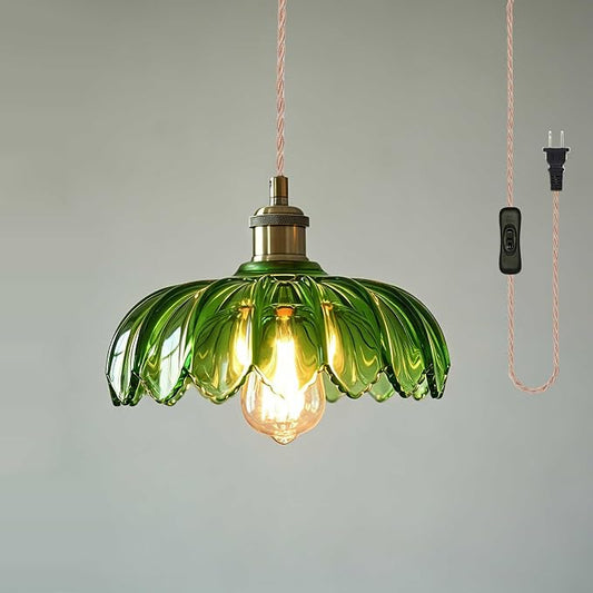 Yifi Deco Green Glass Plug-In Pendant Light – Vintage Flower Shade Hanging Ceiling Lamp with E26 Socket, Cord & On/Off Switch for Kitchen Island, Bedroom & Dining Room - Furniture with | Sold by Uncle Wiener's Wholesale