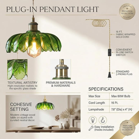 Yifi Deco Green Glass Plug-In Pendant Light – Vintage Flower Shade Hanging Ceiling Lamp with E26 Socket, Cord & On/Off Switch for Kitchen Island, Bedroom & Dining Room - Furniture with | Sold by Uncle Wiener's Wholesale