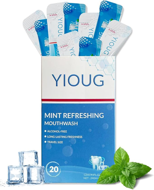 YIOUG Portable Travel Mouthwash Packets – Mint Alcohol-Free Oral Rinse Strips, 20 Count - Home products with Regular box | Sold by Uncle Wiener's Wholesale