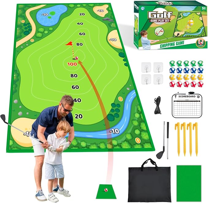 YLPARTCHER Golf Chipping Game & Practice Mat – 6 x 4 FT Sticky Golf Training Mat with Club, 20 Balls, Scoreboard & Accessories for Indoor Outdoor Play - Toys with | Sold by Uncle Wiener's Wholesale
