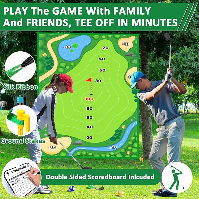 YLPARTCHER Golf Chipping Game & Practice Mat – 6 x 4 FT Sticky Golf Training Mat with Club, 20 Balls, Scoreboard & Accessories for Indoor Outdoor Play - Toys with | Sold by Uncle Wiener's Wholesale