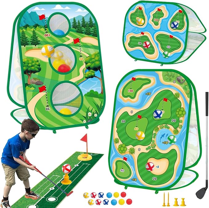 YSZZYSM 4-in-1 Kids Golf Game Set – Putting Mat, Chipping Net, Sticky Golf Boards & Adjustable Club for Indoor Outdoor Play - Toys with | Sold by Uncle Wiener's Wholesale