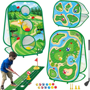 YSZZYSM 4-in-1 Kids Golf Game Set – Putting Mat, Chipping Net, Sticky Golf Boards & Adjustable Club for Indoor Outdoor Play
