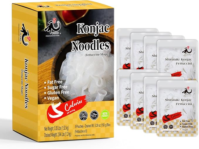 YUHO Shirataki Konjac Fettuccine Noodles 8-Pack – Vegan, Gluten-Free, Fat-Free & Low-Calorie Pasta, 150g Packs - Snack with | Sold by Uncle Wiener's Wholesale