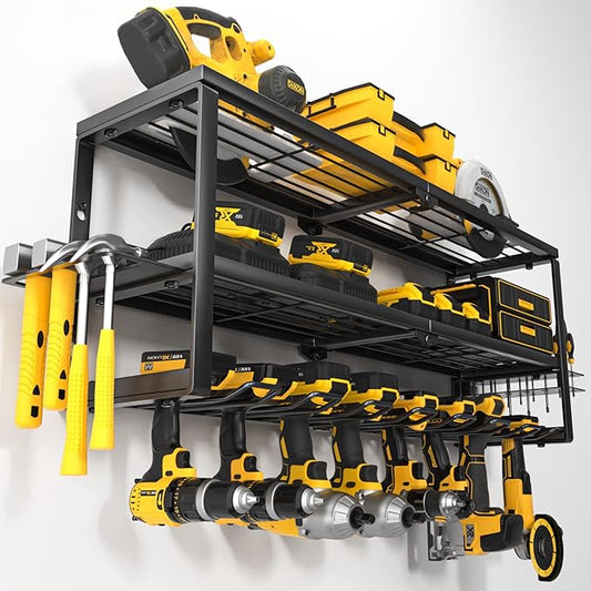 YYR 24-Inch 4-Tier Power Tool Organizer Wall Mount – Heavy Duty Metal Cordless Drill Storage Rack with 6 Drill Holders, Battery & Charging Station Shelves - General Equipment with 3 shelves - 8 slots (PTO-38) | Sold by Uncle Wiener's Wholesale
