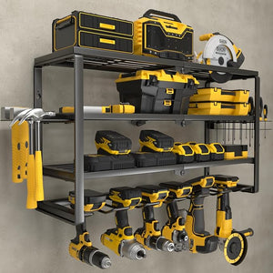 YYR 24-Inch 4-Tier Power Tool Organizer Wall Mount – Heavy Duty Metal Cordless Drill Storage Rack with 6 Drill Holders, Battery & Charging Station Shelves