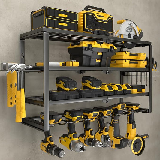 YYR 24-Inch 4-Tier Power Tool Organizer Wall Mount – Heavy Duty Metal Cordless Drill Storage Rack with 6 Drill Holders, Battery & Charging Station Shelves - General Equipment with | Sold by Uncle Wiener's Wholesale