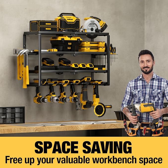 YYR 24-Inch 4-Tier Power Tool Organizer Wall Mount – Heavy Duty Metal Cordless Drill Storage Rack with 6 Drill Holders, Battery & Charging Station Shelves - General Equipment with | Sold by Uncle Wiener's Wholesale