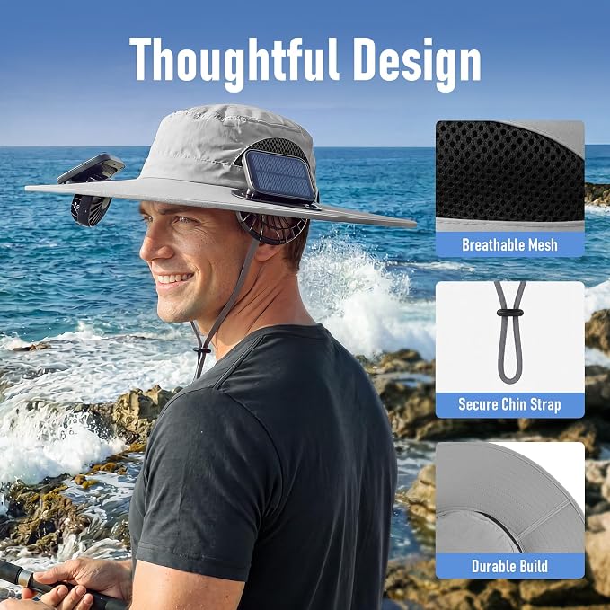Zaximap Solar Fan Sun Hat – UPF 50+ Wide Brim Outdoor Cooling Hat with Dual 3-Speed Fans, Steel-Reinforced Brim & USB-C Charging - Hats with | Sold by Uncle Wiener's Wholesale